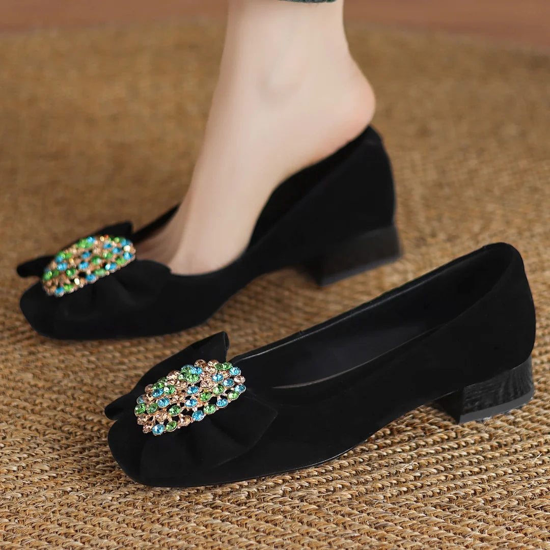 🍒Suede square toe shoes sweet bowtie flats women crystal slip on shoes decoration brooch flats elegant occadson shoes party footwear 41 size available Stride In Suedes