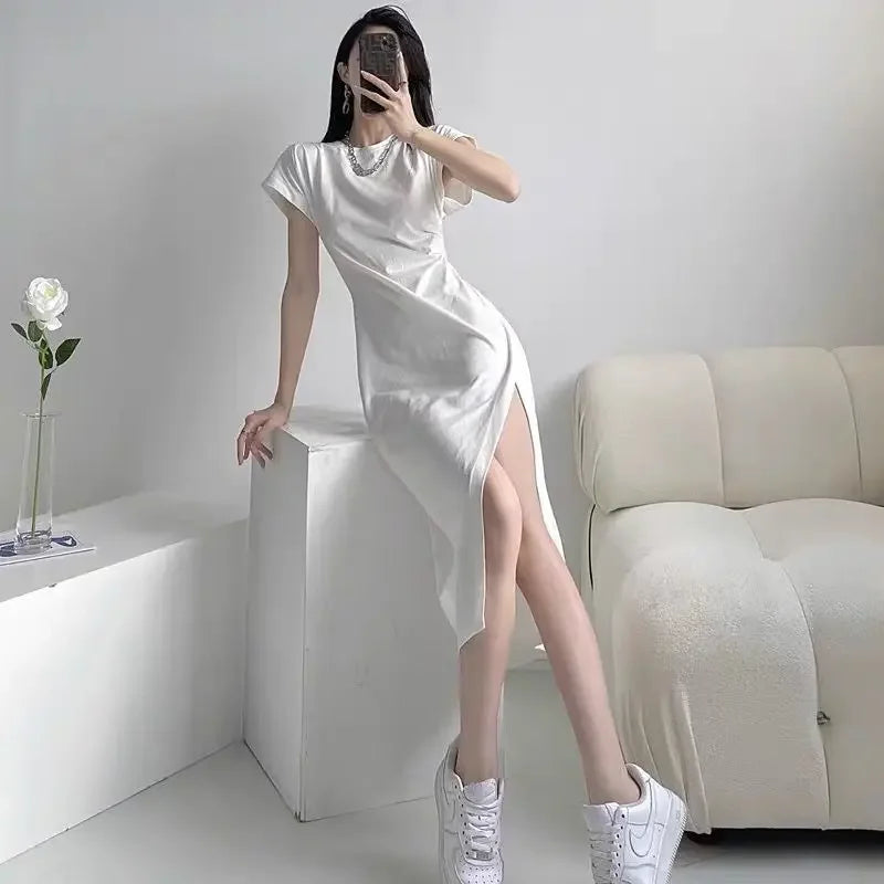 🍒White dresses smart casual Women fashion clothing chic black midi outfit simple elegant slinky Y2k style clothes  Step A side Side Slit Slim -ple