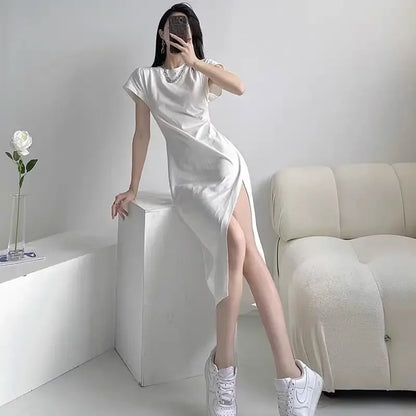 🍒White dresses smart casual Women fashion clothing chic black midi outfit simple elegant slinky Y2k style clothes  Step A side Side Slit Slim -ple