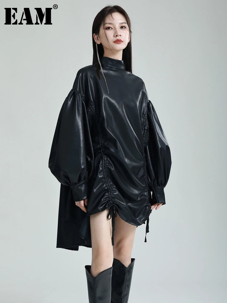 🍒Womens leather top drawstring turtle neck oversize jacket spring autumn fashion long sleeve outwear top smart casual clothing Get Looks In A Leather Look