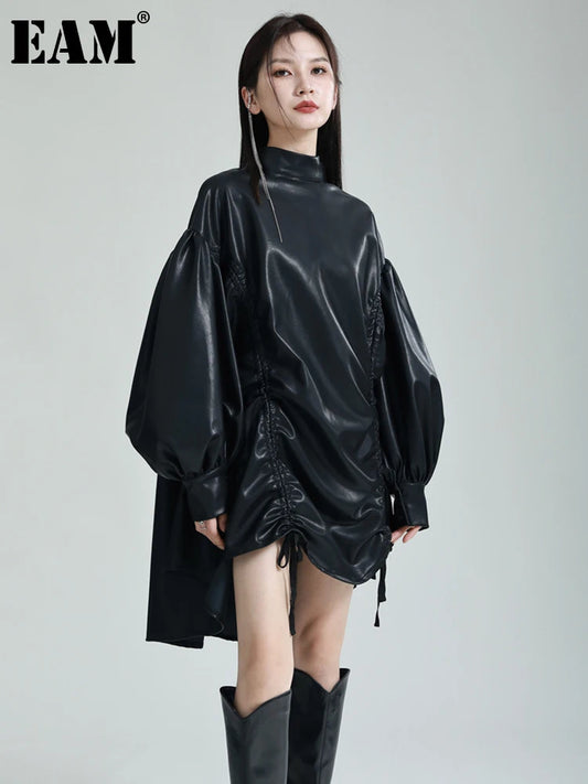 🍒Womens leather top drawstring turtle neck oversize jacket spring autumn fashion long sleeve outwear top smart casual clothing Get Looks In A Leather Look