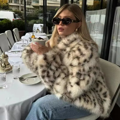 🍒Faux fur coat smart casual outerwear women lapel Collar leopard print jacket with long sleeves Y2k thick warm autumn winter fashion Get SPOTTED In A Showy Snowy