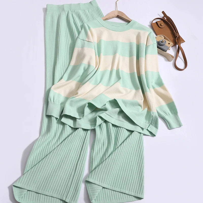 🍒Summer two-piece sets women’s contrast Colour striped top o-neck long sleeve plus casual high waist wide leg pants Suit Yourself With Stripes