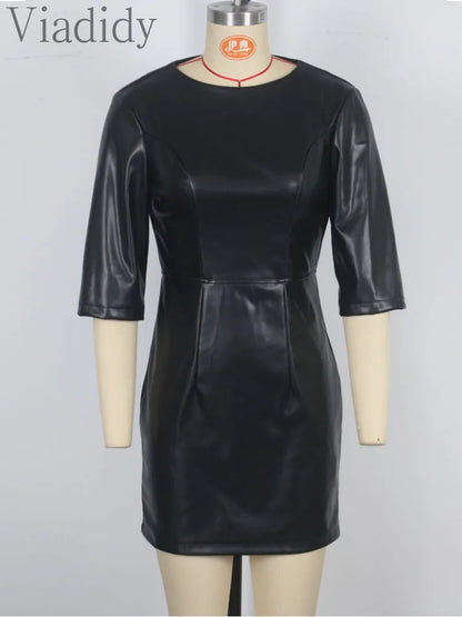 🍒Faux leather mini dress round neck designs three quarter sleeve outfit black party women solid colour clothing fashion bodycon club wear occasion wear Look Leather