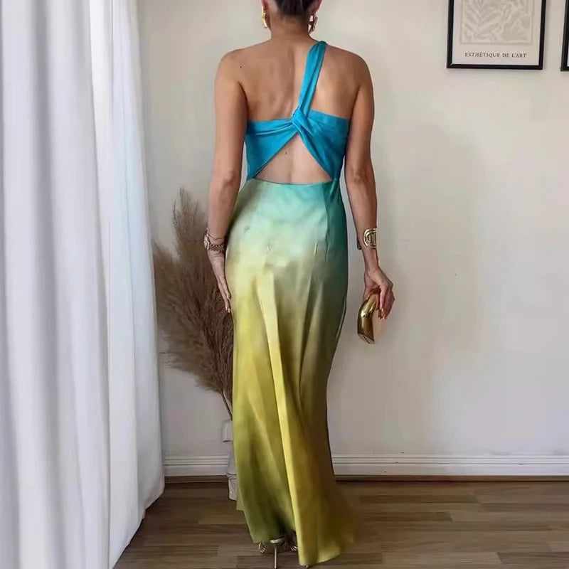 🍒Gradient dress women one shoulder dress maxi backless gown with design straps occasion party wear sleeveless outfit high waist evening wear Get Sunset Ready