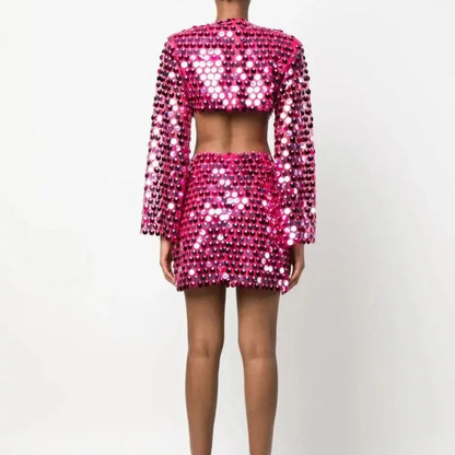 🍒Spring summer outfits women sequins mini dress flare sleeves o-neck fashion club wear party occasion wear irregular clothing DISCO-ver Sequin Style