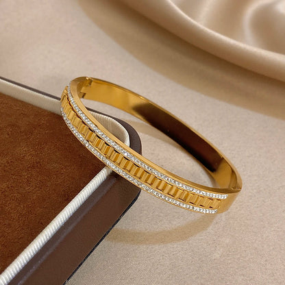 🍒Irregular geometric wave stainless steel bracelet with rhinestones exquisite gold colour cuff bangle smart casual Jewellery accessories Gifts Glitz Up Your Hand With A Band