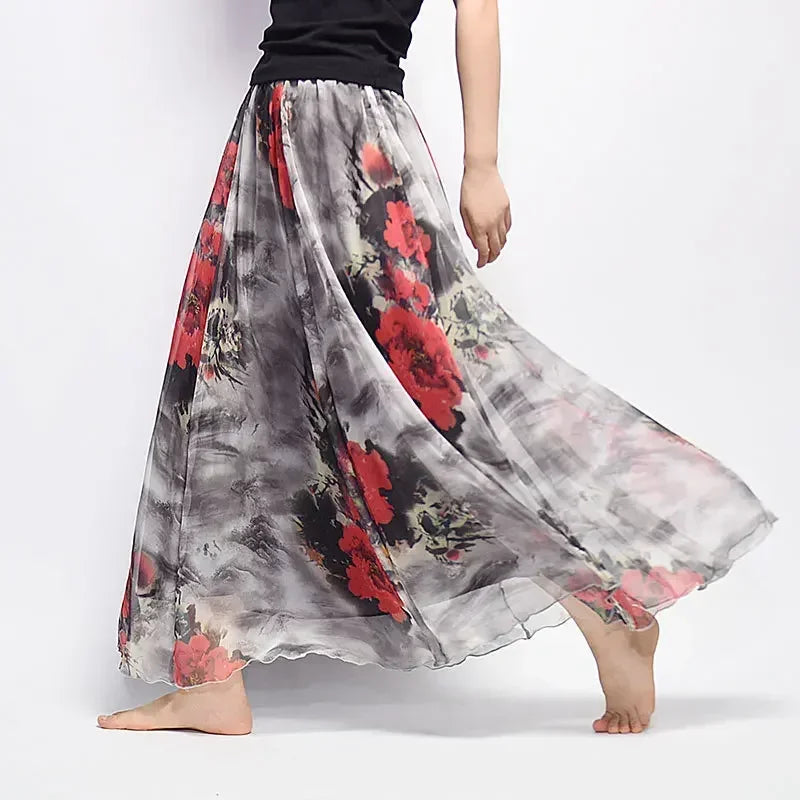 🍒Vintage bohemian long skirt full elegant chiffon fashion beach wear smart casual women high waist maxi skirt outfit summer Clothing Fill Your Basket With Roses
