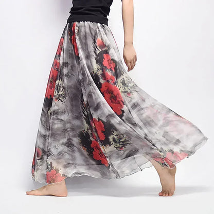 🍒Vintage bohemian long skirt full elegant chiffon fashion beach wear smart casual women high waist maxi skirt outfit summer Clothing Fill Your Basket With Roses