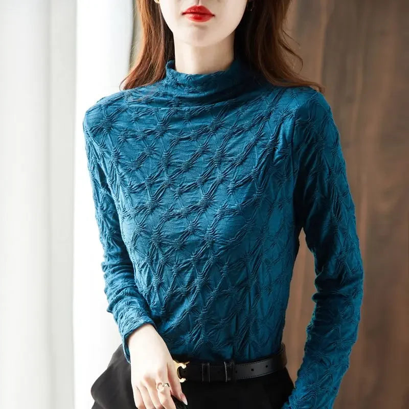 🍒 Long sleeve top textured turtle neck knitted shirt for women with sleeves chic sryle clothing Yk2  fashion smart casual clothes