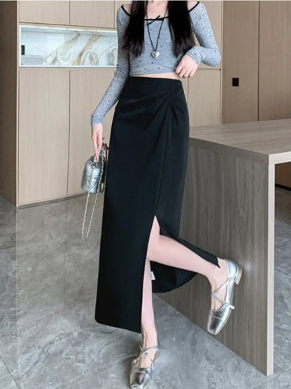 🍒Skirts for women solid high waist skirt outfit one piece fashion streetwear split bodycon  Y2k occasion midaxi fashion party wear Gather Style In A Split Second