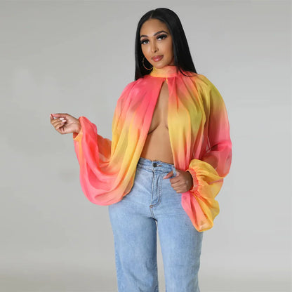 🍒Colourful chiffon blouses plus size printed front split blouse fashion batwing loose fitting see though top with puff sleeves party night club blouses shirt for women OPEN Up Your Armoire to A Cool BLOUSE