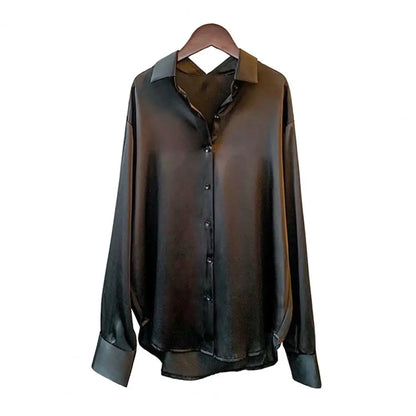 🍒Satin shirt women fashion smooth fabric versatile collar shirt elegant casual loose office long sleeves tops party evening wear party wear Super Sensual Satin