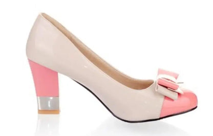 🍒Colour block heels women's thick high shoes with bow on them pastel footwear for occasion party pumps pink and others Size 34-43 Treat Your Self To These Sweets