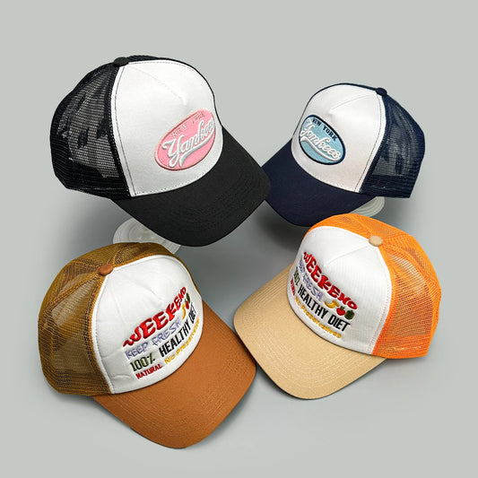 🍒Embroidered baseball caps fresh fruit and wording motif baseball hats unisex fashion colour block trucker caps sunshade casual breathable versatile accessories