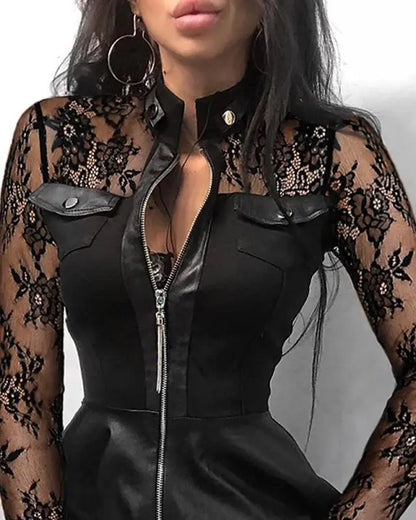🍒Pu leather dress for women  lace mesh sleeve mixed media fashion party dress mini elegant stand neck collar a-line outfit Pretty Plaid Pu