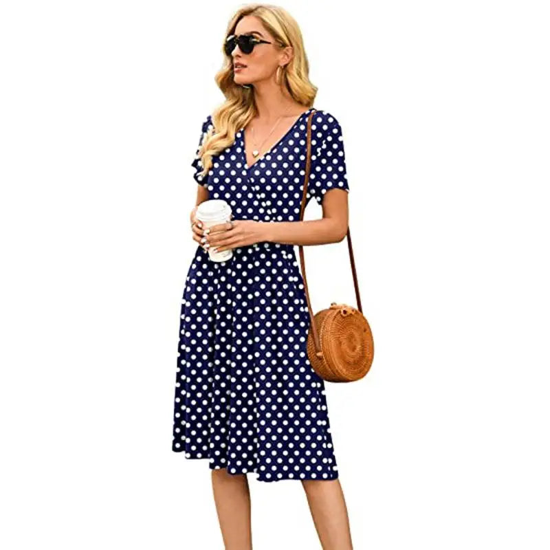 🍒Printed v-neck a-line short sleeve dress floral with high waist over knee outfits for summer womens fashion clothing beachwear holiday clothing A Bunch Of Beautiful Florals