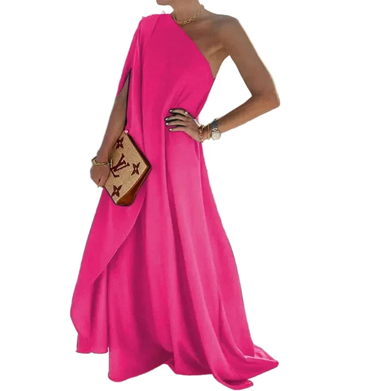 🍒One shoulder outfit plus size holiday dress floor length solid pleated loose fitting occasion wear holiday wear beach fashion women vacation party wear with scarf and side attach detail summer clothing Unleash Some Greech