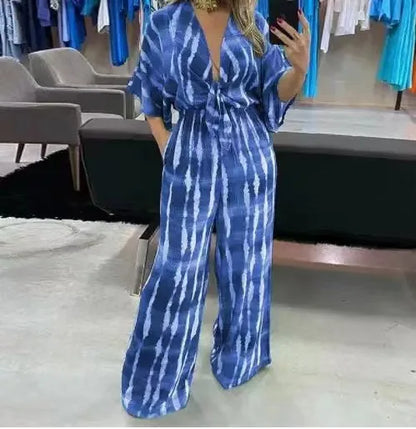 🍒Women's Jumpsuits tie dye Summer relaxed outfits casual  clothing for ladies v-neck one piece tie bow fashion loose wide leg Jumpsuit rompers S-XXXL  tye this tie Into Your style