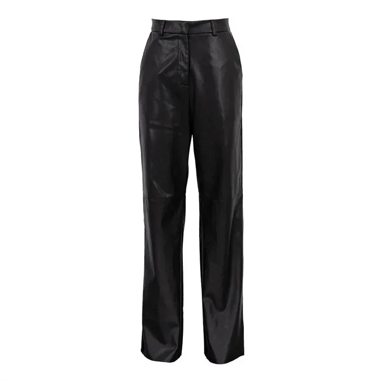 🍒Women's pu leather trousers high waisted hip lifting fashion straight leg pants smart casual clothimg party occasionwear