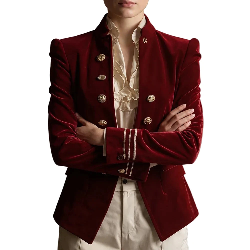 🍒vintage velvet jacket  women  preppy style slim fit jacket casual retro double breasted coat stylish outerwear Drink In The Quality Of This Burgundy