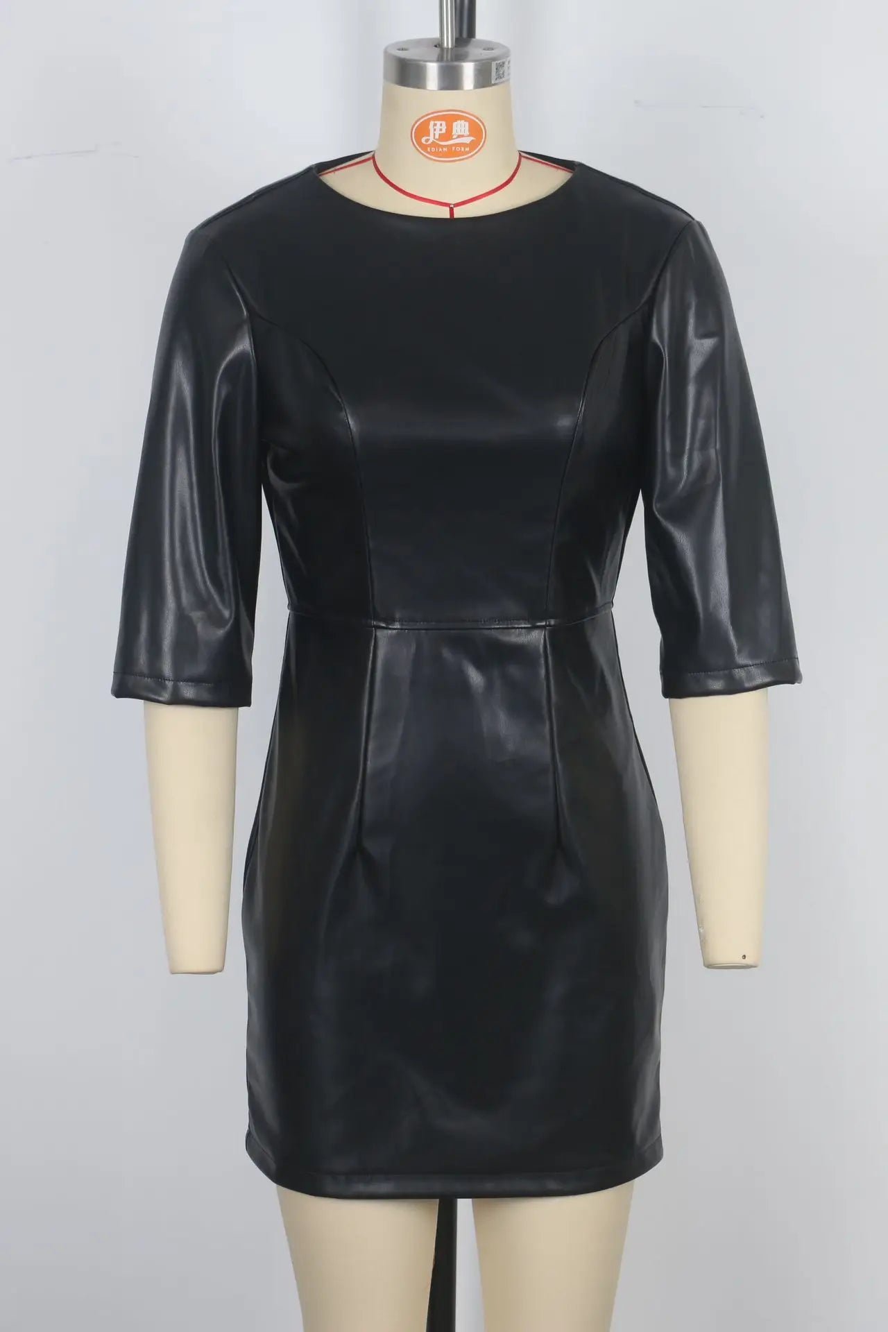 🍒Faux leather mini dress round neck designs three quarter sleeve outfit black party women solid colour clothing fashion bodycon club wear occasion wear Look Leather