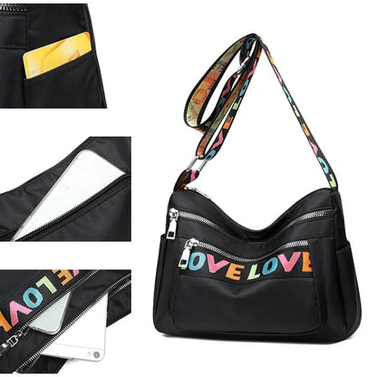 🍒Womens handbag oxford fabric bag large capacity crossbody with multiple compartments fashion accessory casual carry bag with colourful font Get A Handle On Love