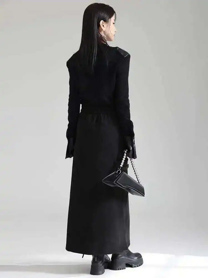 🍒High waist irregular long skirt black with slit zipper and pocket midi fashion long smart casual clothing for women party occasion wear Zip This Up And Look Lovely In Liquorise