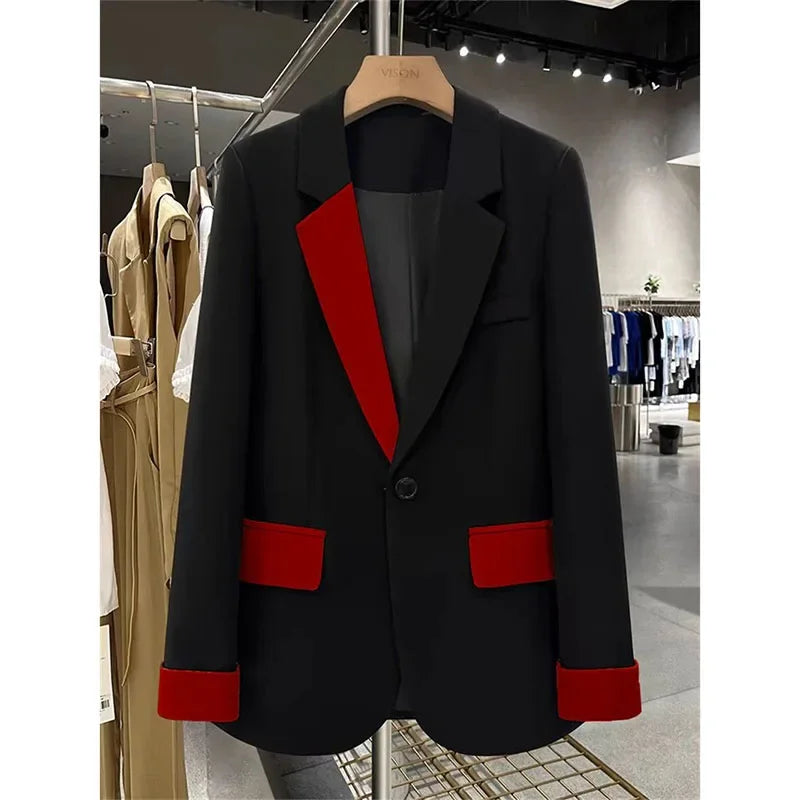 🍒Fashion blazer jacket spring autumn long sleeves black jacket contrast patchwork office cothes for women outerwear smart casual suit coat female chic fashion   Turn Up In Your Contrast