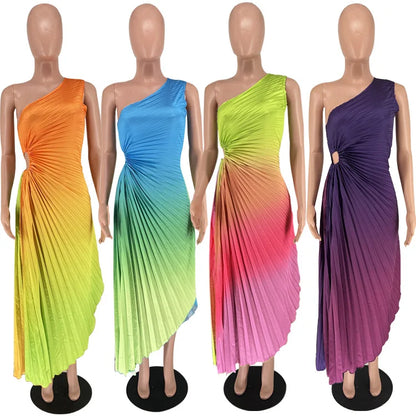 🍒One shoulder midi multicolour gradient printed dress pleated roll waist irregular hem maxi dress big sundial style midaxi outfit Sweet Summer Sundial