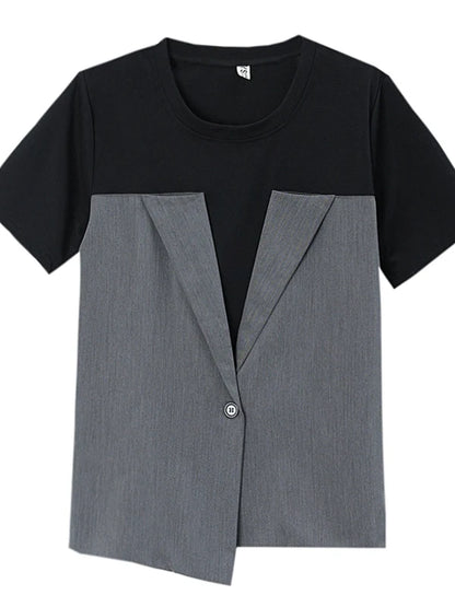 🍒Fake two-piece t-shirt short-sleeved tee womens oversized summer t-shirt high-end design blazer tops Jacket A T-Shirt Jacket