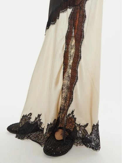 🍒Colour block lace dress sheer lace clothing for women long outfit v-neck sleeveless High wasit slim split dresses Female occasion wear party wear You wont be UNDER impressed with this FASHION  WEAR