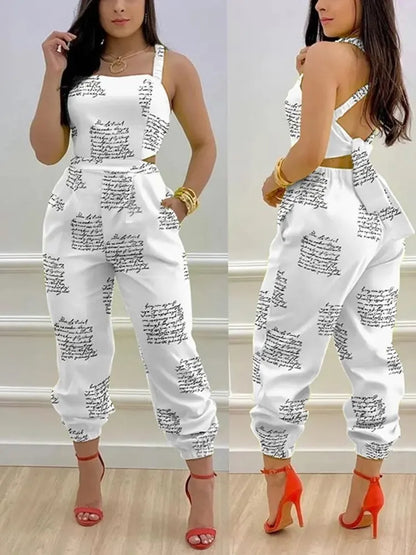 🍒Summer printed jumpsuit backless with straps fashion sleeveless one piece casual wear womens romper outfit with bows pocket trousers Overall Colourful Cool