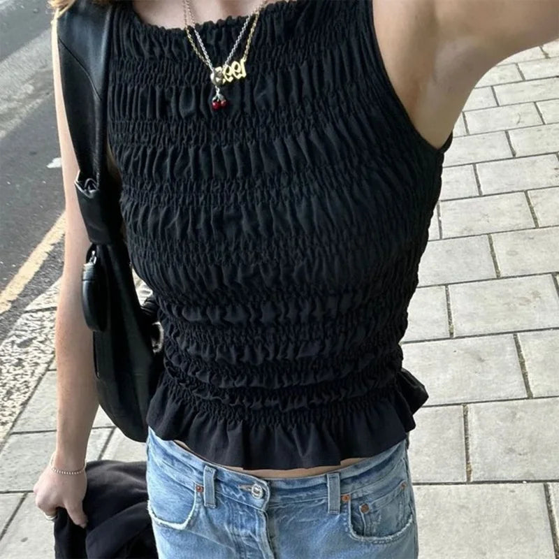 🍒Women Y2K smocked shirred tank top sleeveless crew neck frill ruffle crop top ruched pelpum going out tops party clubwear