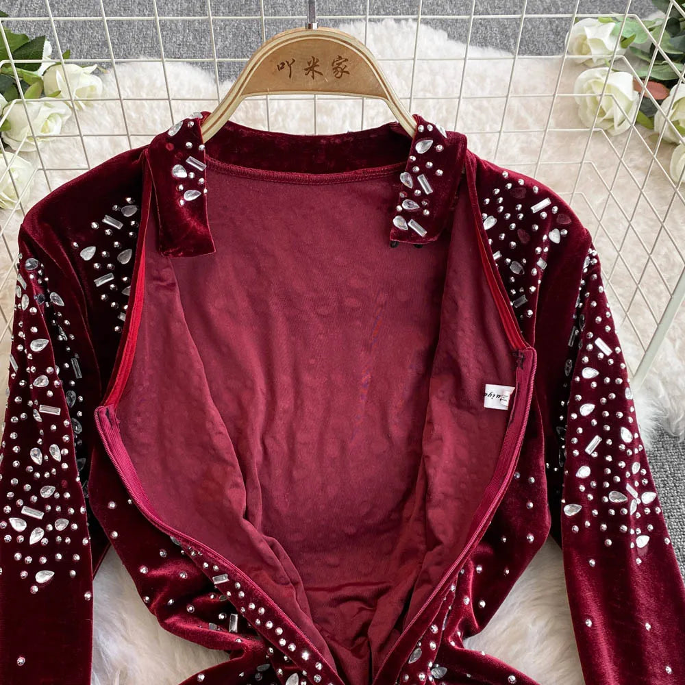 🍒Bodycon o-neck long sleeve dress glitter rhinestone outfit velvet chic vintage style clothing chic autumn fall fashion party occasion wear Get Wine Stoned