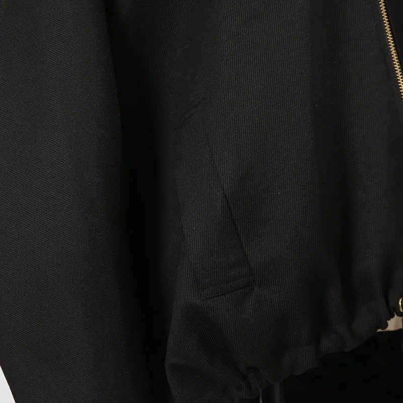🍒Oversized zipped coat women's fashion solid color long sleeve casual drawstring jacket black designer style spring autumn clothing   Big Up To Oversized Cool