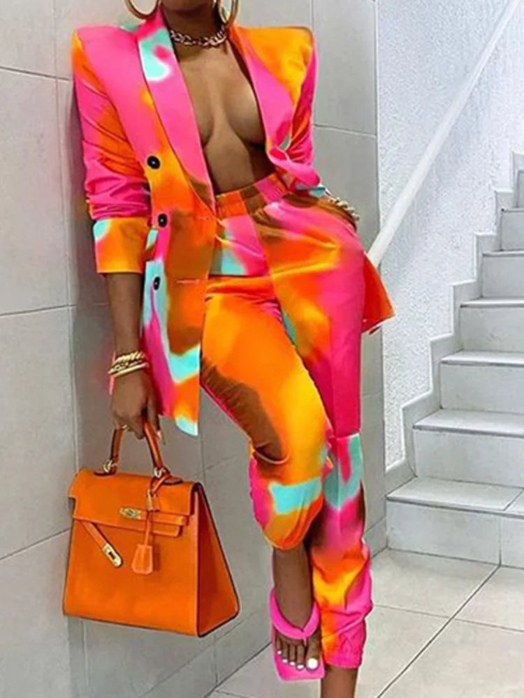 🍒Womens tie dye suit multicolour printed long sleeve jacket and tapered trouser set lapel blazer two piece office wear smart casual clothing