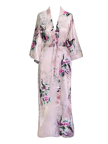🍒Satin robe women plus size  with flowers peacock print kimono lounge gowns for women bride bridesmaid wedding bathrobe silky nighrwear Sittin' Satin Style