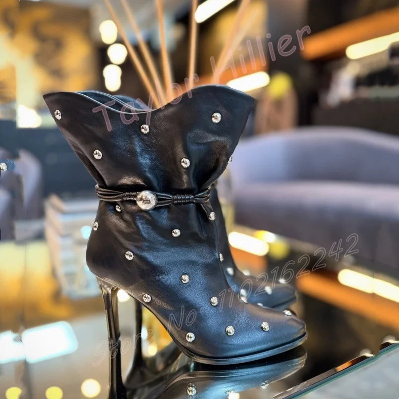 🍒black short boots women metal rivet footwear female fashion round toe stilettos high heel with side zipper big sizes You Will Be Riveted with these Rivets