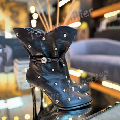 🍒black short boots women metal rivet footwear female fashion round toe stilettos high heel with side zipper big sizes You Will Be Riveted with these Rivets