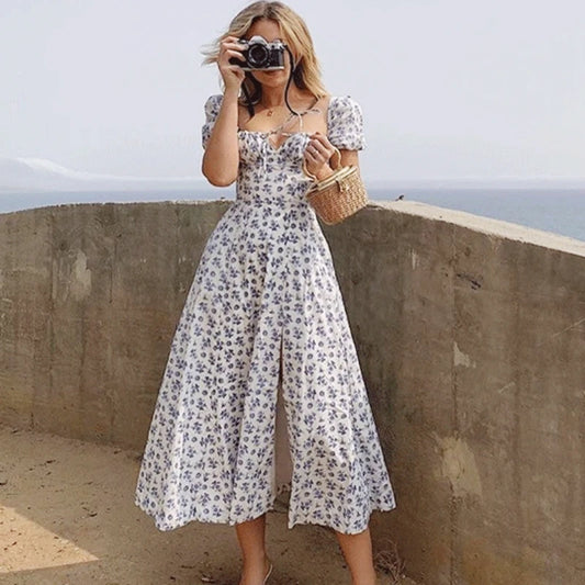 🍒Ruffle dress off shoulder summer vintage floral printed dress french women wear square neck backless outfit Slip On Relax And Take The World Off Your Shoulder