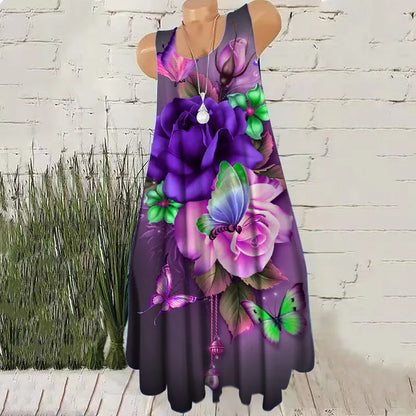 🍒Sleeveless floral print dresses summer beachy casual female short outfit floral fashion wear for women placment print