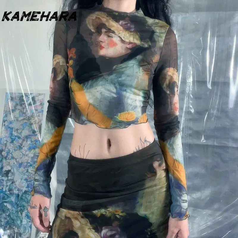 🍒High waisted mesh skirt gauze and matching print top fashion wear for women slim fit bodycon feminine clothing smart casual wear women streetwear female oil painting long sleeve tee and ruffle edge long skirt set Face The Day With Cool clothes