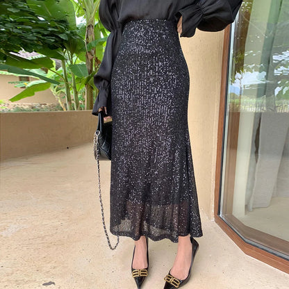 🍒Sequin maxi skirt summer elasticated waist skirts full length bodycon fashion clothing for women glitter party club wear for women