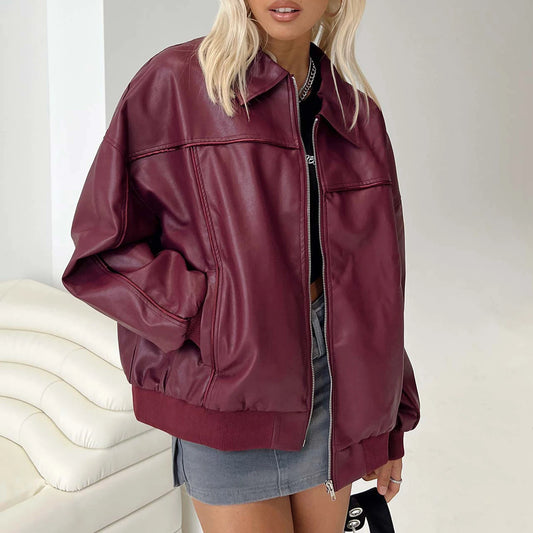 🍒Oversized faux leather Jacket zip up women smart casual outerwear coats fall fashion leather bomber Jacket You Will Wear Out This Outerwear