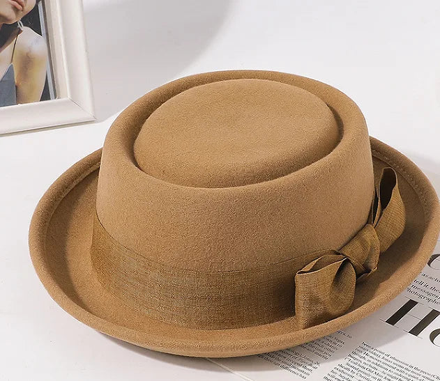 🍒Women's fall and winter hat wool felt fedora with side bow classic italian style hat rolled brim flat top fashion headwear  FED Up with DORA stealing your HATS get this and hide in your cool closet