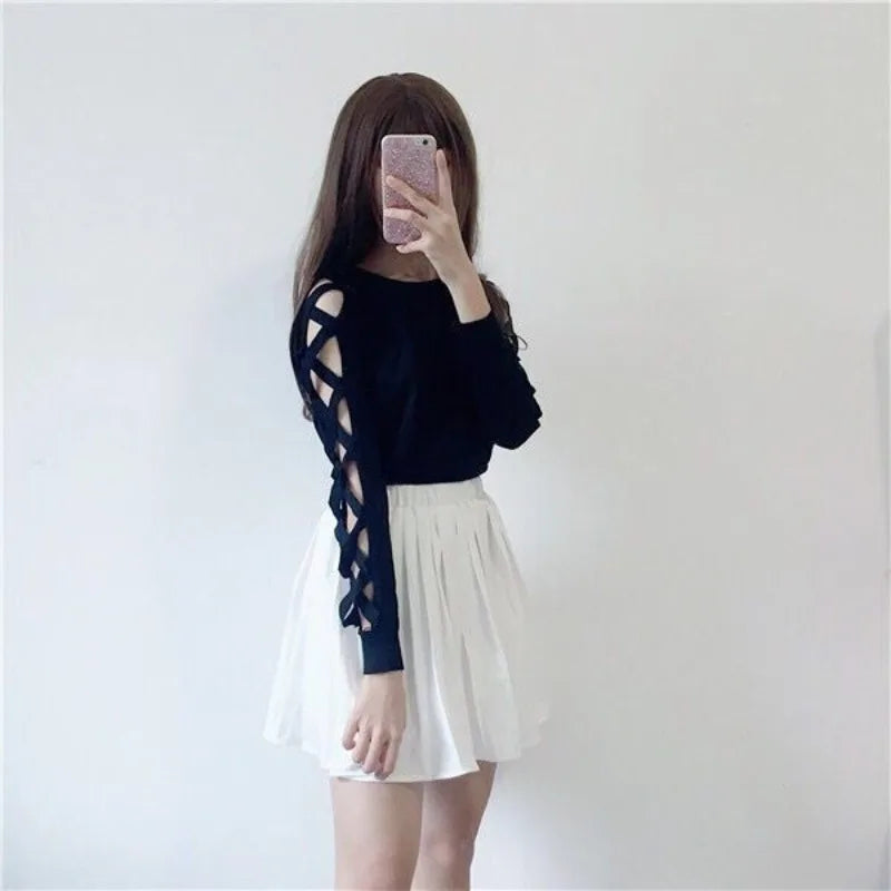 🍒Knitwear top for women Female spring autumn clothes women's long sleeve black top  chic t-shirt with sleeve design