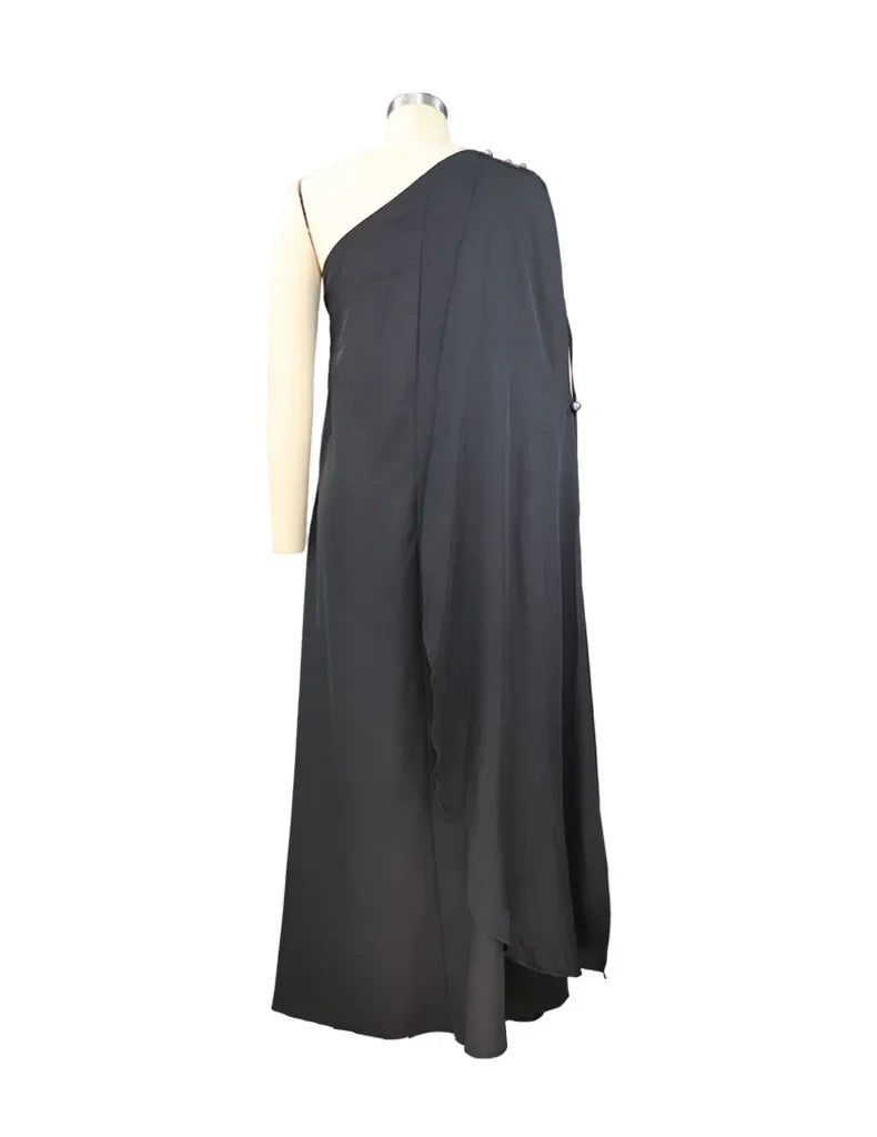 🍒One shoulder outfit plus size holiday dress floor length solid pleated loose fitting occasion wear holiday wear beach fashion women vacation party wear with scarf and side attach detail summer clothing Unleash Some Greech