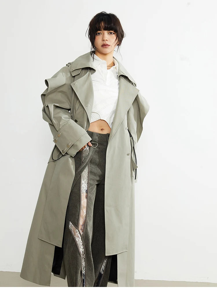 🍒Long oversized trench coat elegant ruffled outerwear for women double breasted luxury designer overcoat runway fashion  Trendy Travel Trench Classic Comfort