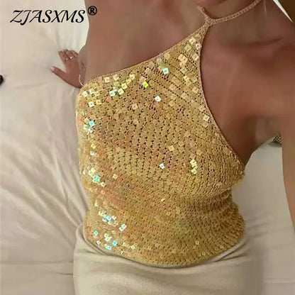 🍒Glitter camisole sequin shiny top womans halter tie-up backless tank spring summer night club clothes beach wear Y2K fashion This Will Be The Sole Of Your Camis